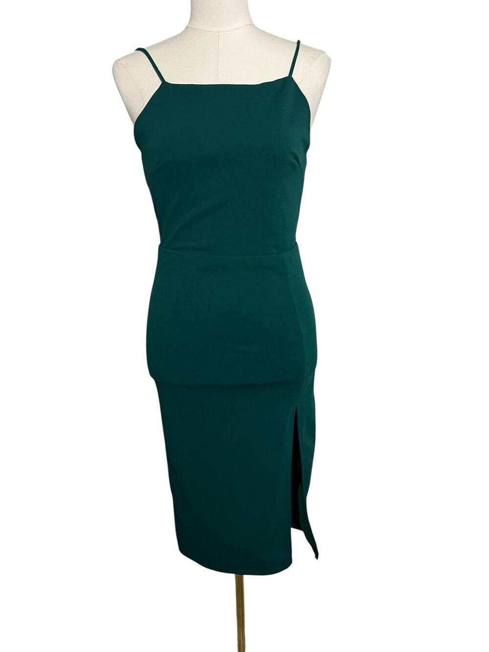 Lulus Bodycon Dress Womens Small Green Square Neck Midi Slit Cocktail Party